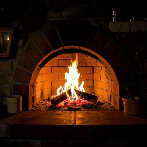 Forno a lenha com brasas acesas à noite