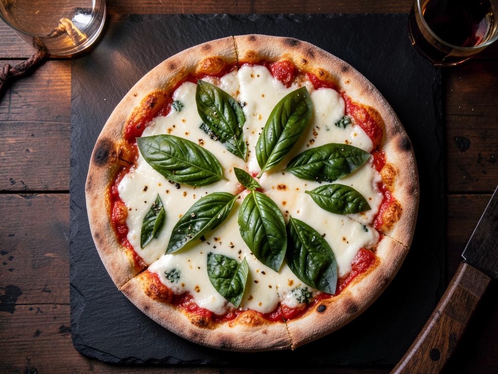 Pizza artesanal de muçarela e manjericão sobre mesa de ardósia escura